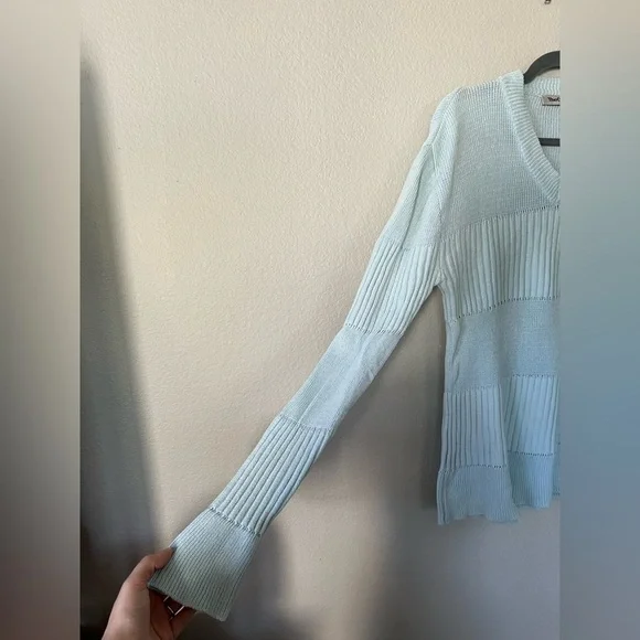 TheOpen Product Blue V Neck Ribbed Sweater Bell Sleeves Women's Size S - Picture 2 of 13